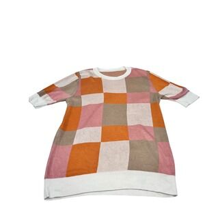 Checkered Knit Mini Dress Casual Short Sleeve Colorful‎ Boxy Pullover Women
